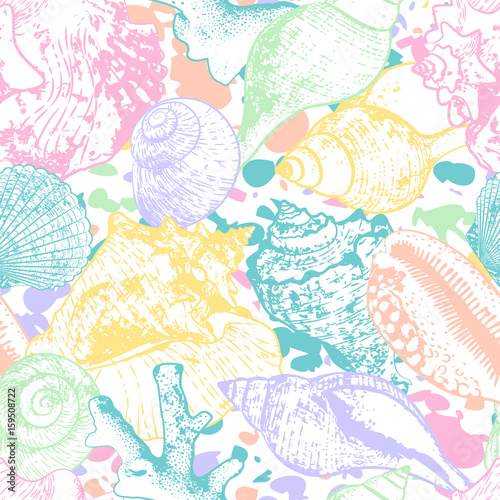 Vector seamless pattern with hand drawn multicolor seashells and coral. Color...