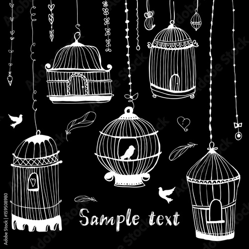 Birdcage print.The bird in the cage. Template greeting card or invitation with heart in birdcage