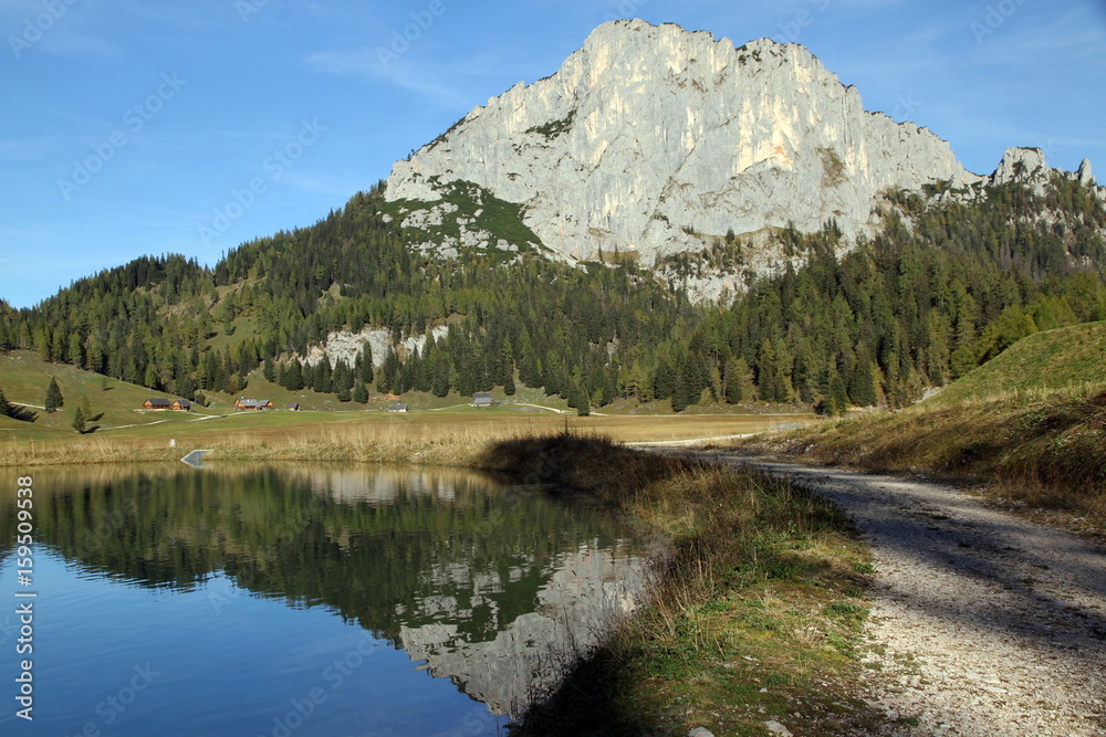 Mountain landscape in the Northern Limestone Alps with lake Brunnsteiner, National park Gosause, Austria