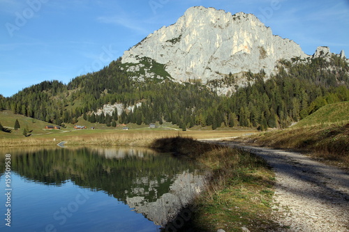 Mountain landscape in the Northern Limestone Alps with lake Brunnsteiner  National park Gosause  Austria