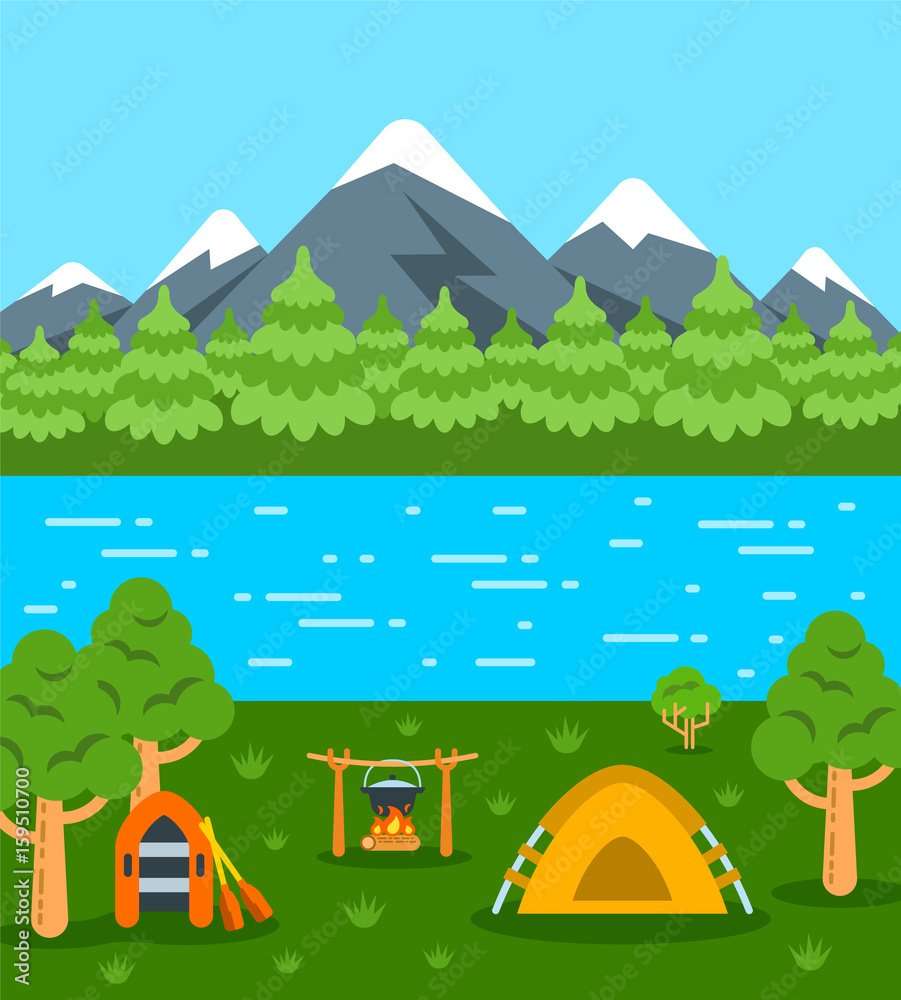 Summer camping background. Vector flat illustration. Natural landscape with mountains, forest and river. Tent, campfire with pot and boat with oars. Wild tourism poster. Outdoor leisure activity
