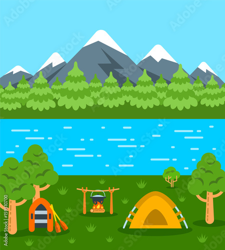 Summer camping background. Vector flat illustration. Natural landscape with mountains, forest and river. Tent, campfire with pot and boat with oars. Wild tourism poster. Outdoor leisure activity