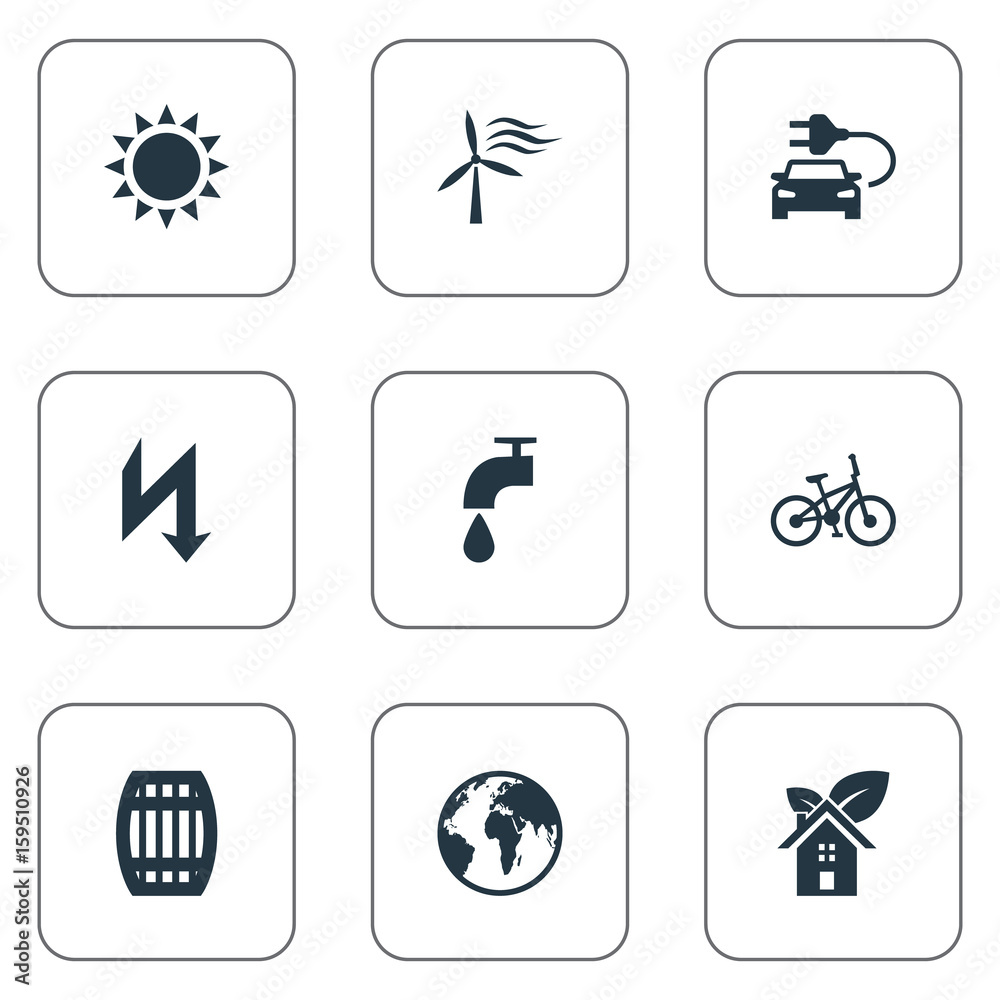 Vector Illustration Set Of Simple Green Icons. Elements Cask, Leaking