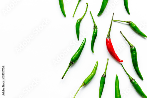 hot food with red and green chili pepper white table background top view mock-up