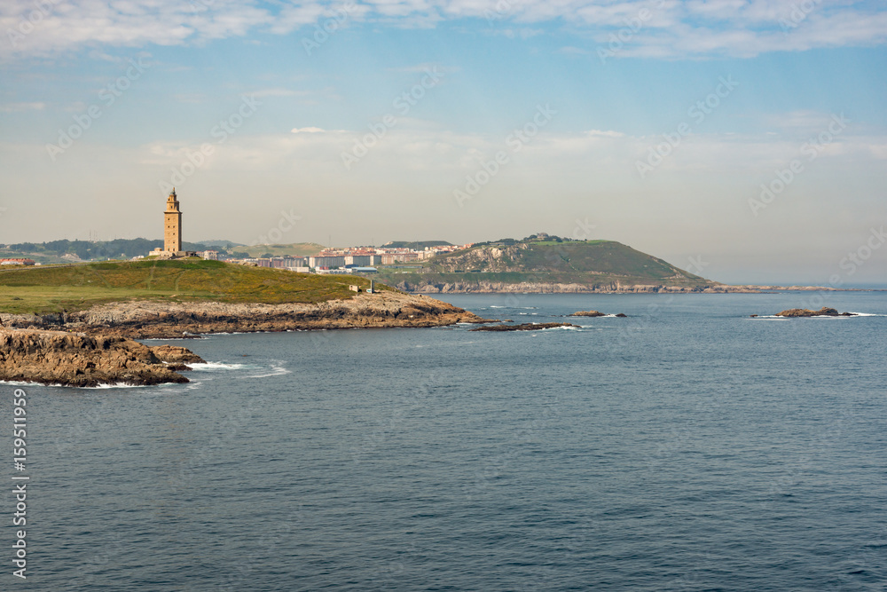The Tower of Hercules lighthouse on La Coruña, Galacia, Spain as viewed from the sea in morning light