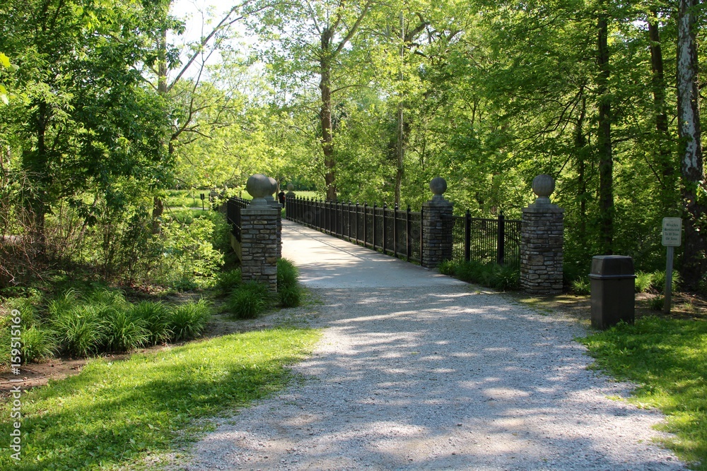 The walkway to the bridge in the park.