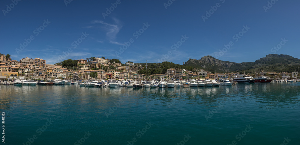 Panoramic Marina view village of Port-Soller, Mallorca island, Balearic Islands, Spain.