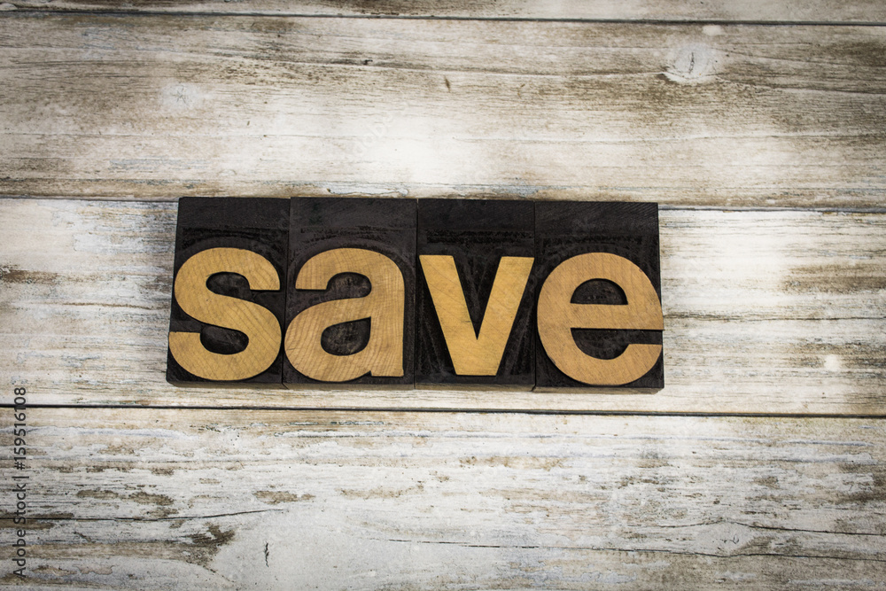 Save Letterpress Word on Wooden Background