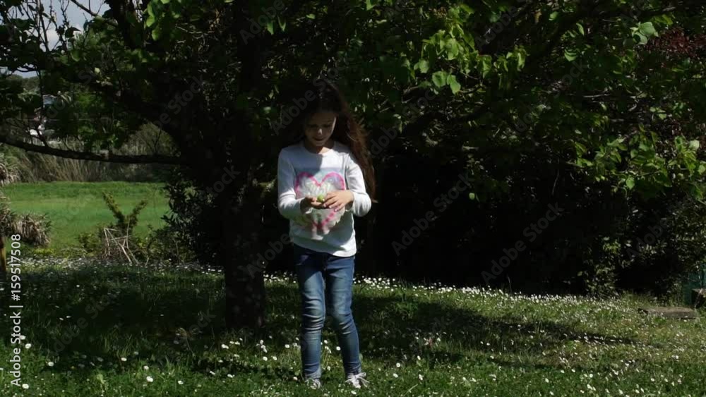 Little girl with long brown hair gathering a fruit from the tree, slow motion HD Little girl with long brown hair gathering a fruit from the tree, slow motion HD