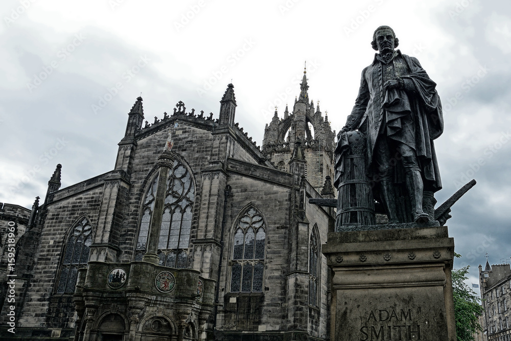 St. Gile's Cathedral and the Statue of Adam Smith, Edinburgh, Sc