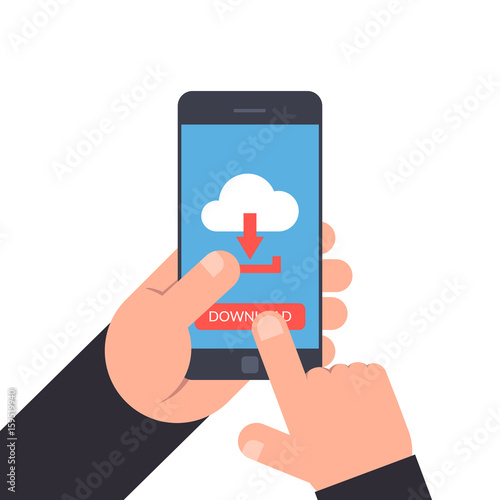 Hand holding and pointing to a smartphone. Download or upload button. Cloud icon with arrow. Flat illustration isolated on white background.