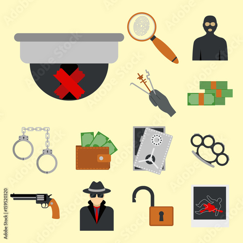 Crime icons protection law justice sign security police gun offence felony transgression flat vector illustration