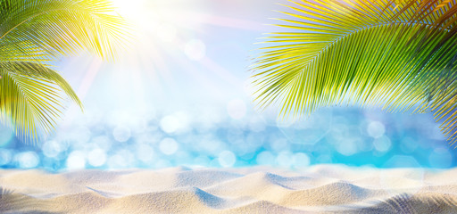 Abstract Beach Background - Sunny Sand And Shiny Sea At Shadows Of Palm Tree
