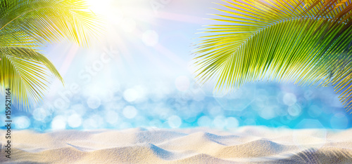 Abstract Beach Background - Sunny Sand And Shiny Sea At Shadows Of Palm Tree
