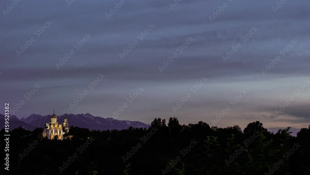 Church, temple timlamps in the background of the setting sun, Kazakhstan, Almaty, 4k. Church, temple timlamps in the background of the setting sun, Kazakhstan, Almaty, 4k.