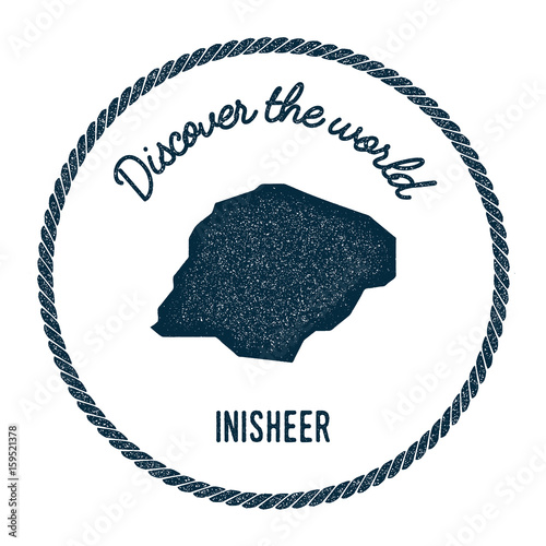 Inisheer map in vintage discover the world insignia. Hipster style nautical postage stamp, with round rope border. Vector illustration.