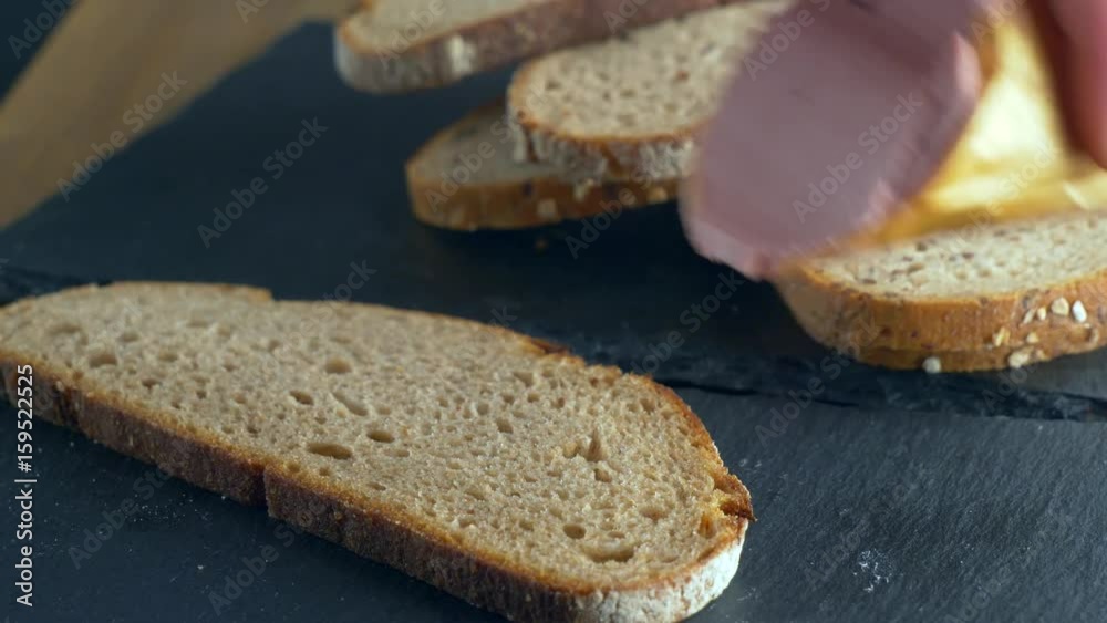 Slice of bread coated with liver pate