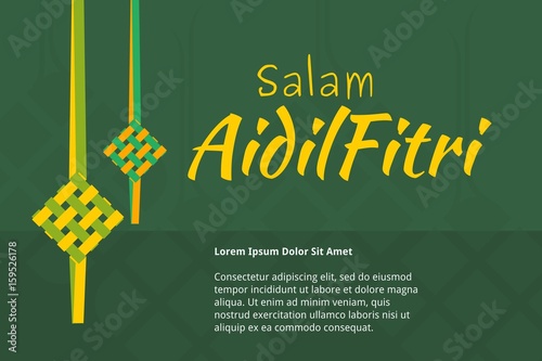 Editable Eid Mubarak or Salam Aidil Fitri Concept with Indonesian or Malaysian Ketupat Packed Rice in Flat Style for Text Background