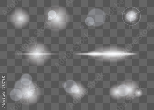 Lights glare effect, flare and explosion flash effect. Vector isolated on transparent background.