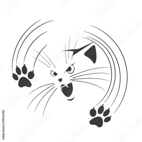 An illustration depicting an aggressive cat with claws released