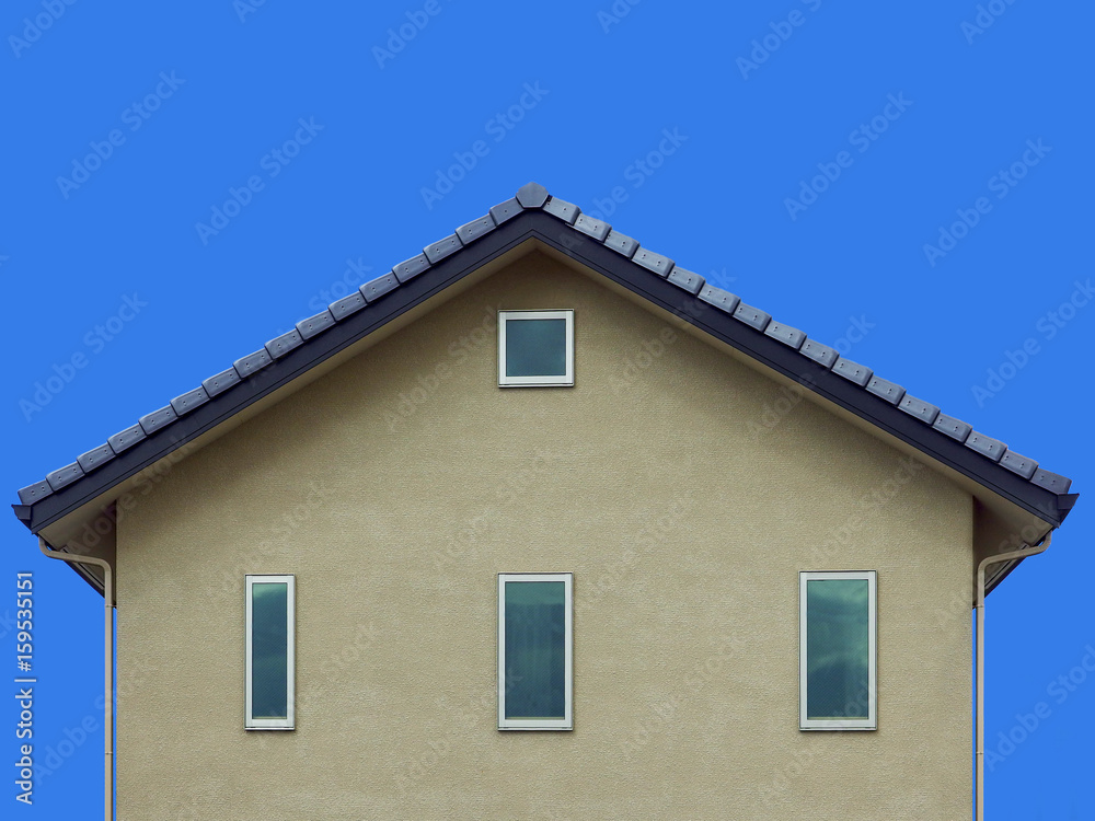 gray house wall gable asian style roof and clear blue sky gray house wall gable asian style roof and clear blue sky