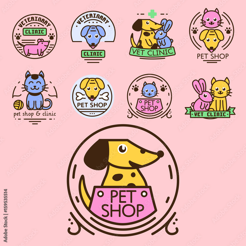 Obraz premium Pet badge vector graphic sticker set domestic insignia cat dog veterinary animal sticker illustration