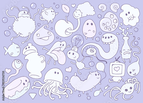 Abstarct funny cartoon doodle illustration with  different fantasy creatures