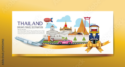 A Luxury Thailand travel, Vector travel destinations icon set, Ribbon, airplane, gold ribbon, graphic elements for traveling to Thailand.