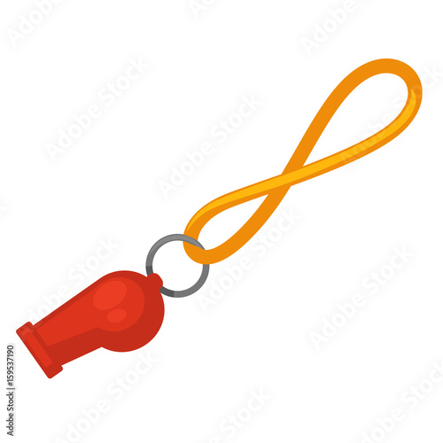 Lifeguard red whistle with yellow line isolated on white