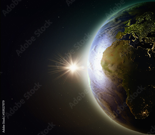 Fototapeta Naklejka Na Ścianę i Meble -  Sunset above Europe and Africa in space
