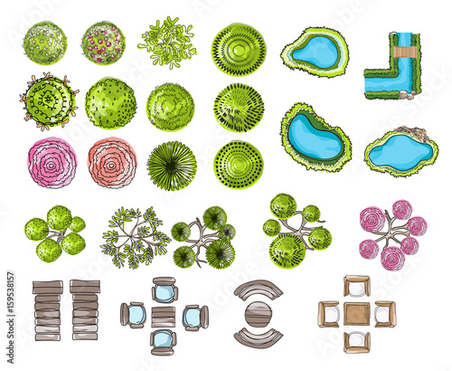 set of tree top symbols, for architectural or landscape design, for map, water color style.vector illustration