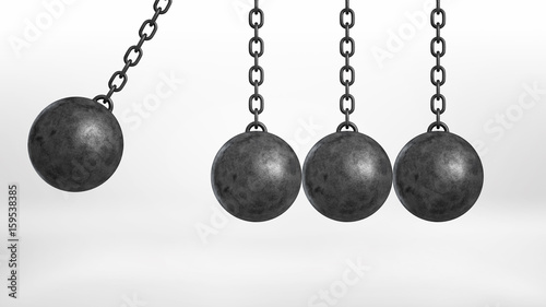 3d rendering of a wrecking ball swinging on white background beside three still hanging balls on white background.