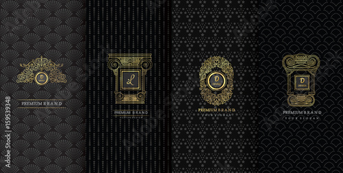 Collection of design elements,labels,icon,frames, for packaging,design of luxury products.Made with golden foil.Isolated on black background. vector illustration