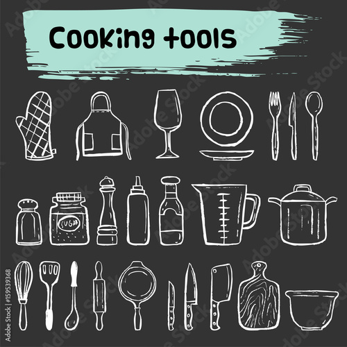 cooking tools doodle sketch icon set