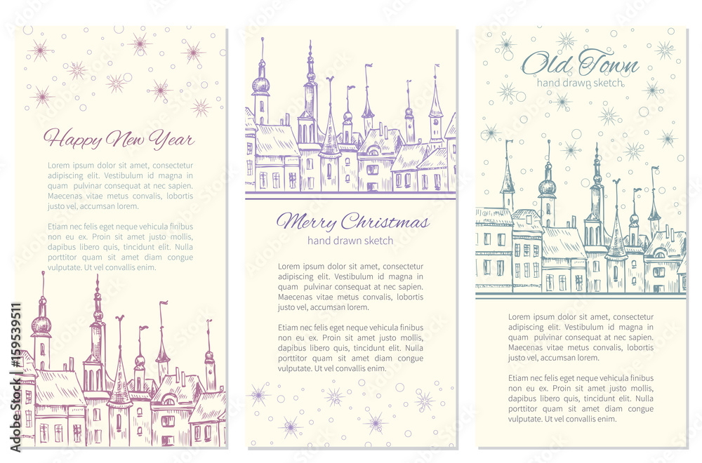 Collection of templates for Christmas and New Year greeting card, Vector illustration isolated on white, Design for label, banner, poster with colorful european building, snowflakes, flags and text