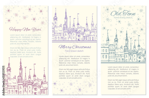 Collection of templates for Christmas and New Year greeting card, Vector illustration isolated on white, Design for label, banner, poster with colorful european building, snowflakes, flags and text