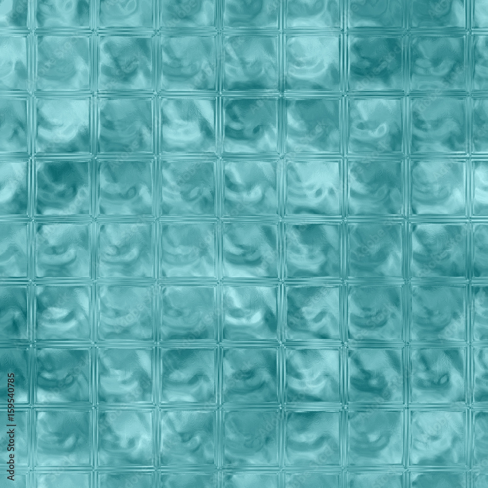 Aqua blue glass background raster illustration. Teal blocks square pattern tile.