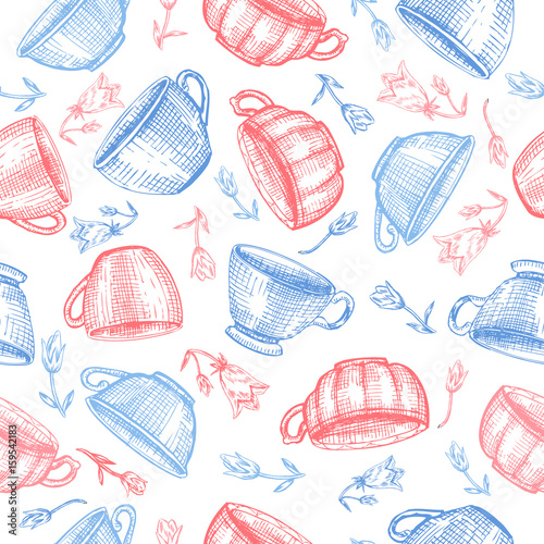 Tea cups bell flower vector sketch hand drawn isolated on white, Seamless vector pattern for card, package cosmetic, tea, coffee, magazines, web sites, restaurant menu, page, wallpapper, textiles