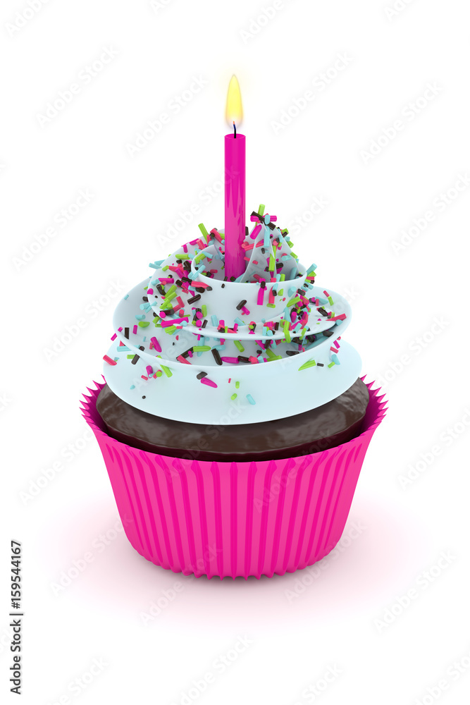 3d render of sweet cupcake with sprinkles and candle 3d render of sweet cupcake with sprinkles and candle
