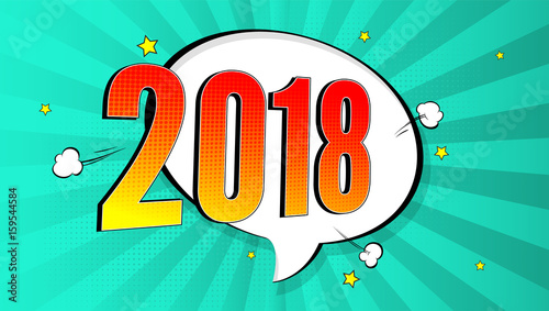 New Year pop art splash background, explosion in comics book style. 2018 holiday advertising signboard with halftone dots, cloud beams on red backdrop. Vector template for ad, covers, posters.