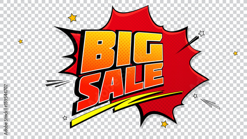 Big sale pop art splash background, explosion in comics book style. Advertising signboard, price reduction with halftone dots, cloud beams on transparent backdrop. Vector template for ad, or posters.