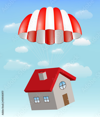 house with parachute on a sky background