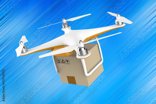 Drone flying with a delivery box package on a blue background