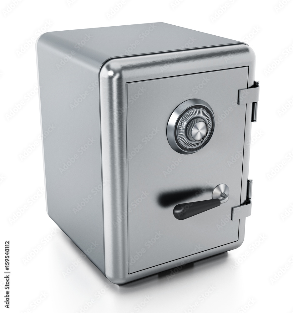 Steel safe with closed door isolated on white background. 3D illustration Steel safe with closed door isolated on white background. 3D illustration