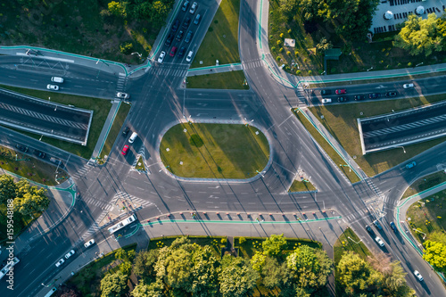 Aerial view of intersection with nice shadows at sunset taken by o professional drone