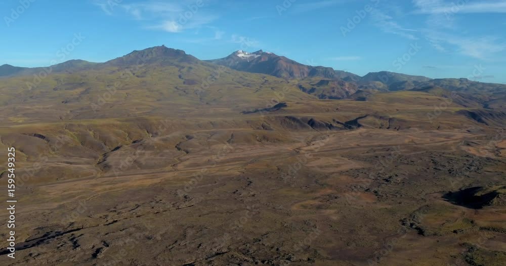 ICELAND – SEPTEMBER 2016 : Aerial shot over beautiful landscape in Thorsmörk National Park with view of snowy mountain on ICELAND – SEPTEMBER 2016 : Aerial shot over beautiful landscape in Thorsmörk National Park with view of snowy mountain on