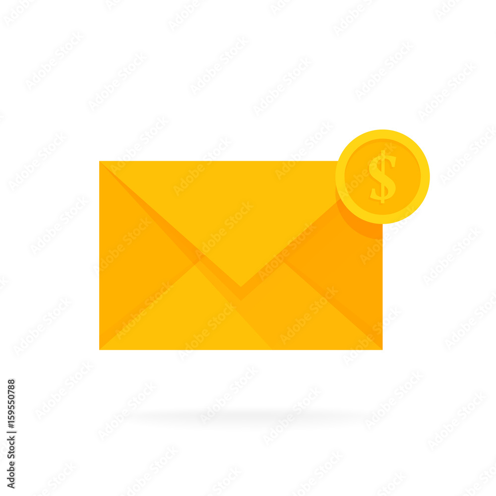 Mail envelope icon with dollar coins. Email send money concept vector illustration Mail envelope icon with dollar coins. Email send money concept vector illustration