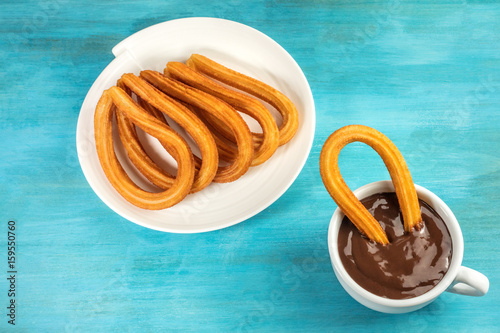 Churros with hot chocolate, traditional Spanish breakfast