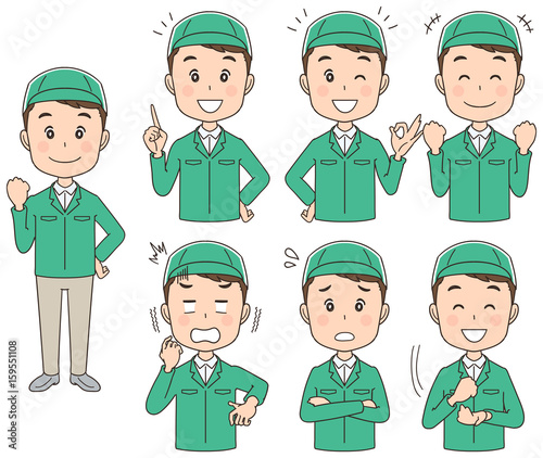 作業着の男性のイラスト（セット・全身）