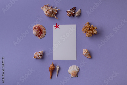 Top view marine composition of paper card mock-up or invitation surrounded with seashells on purple background.